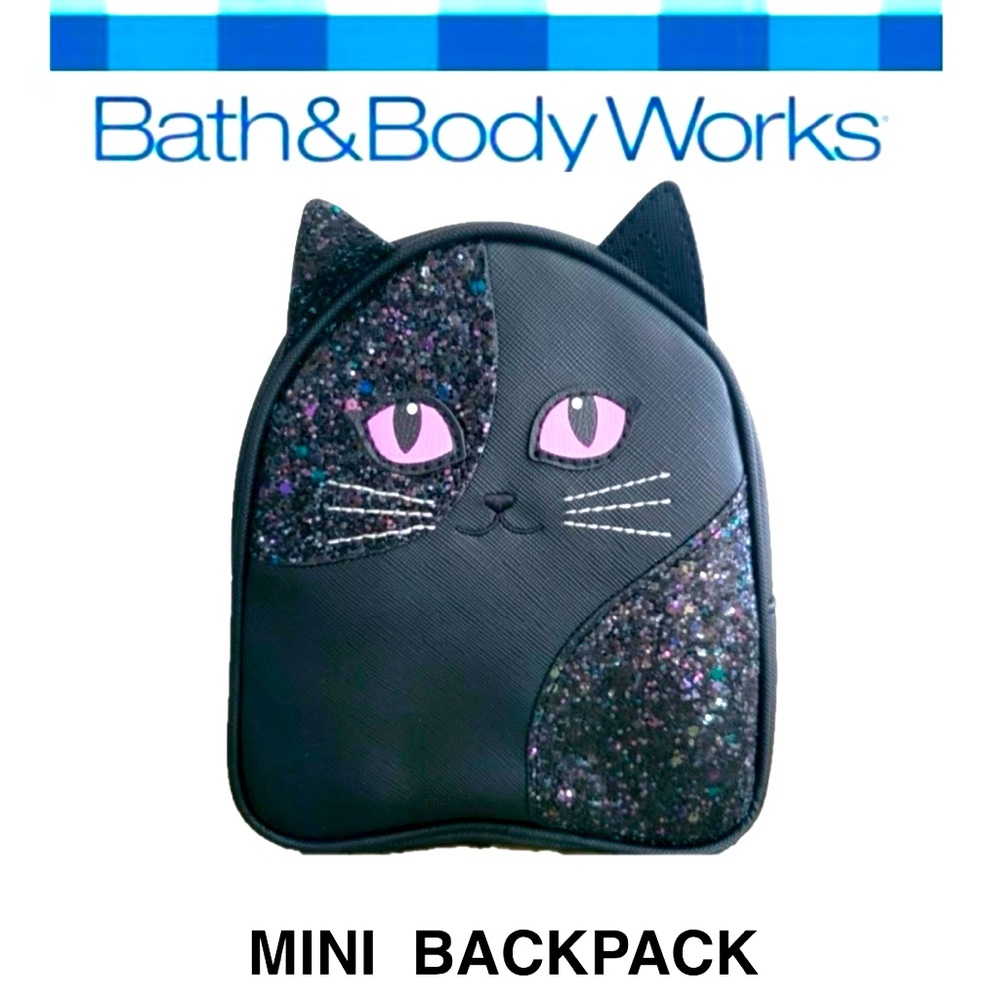 BATH & BODY WORKS Black Cat purple sparkle zippered mini Backpack  8x6 NWT